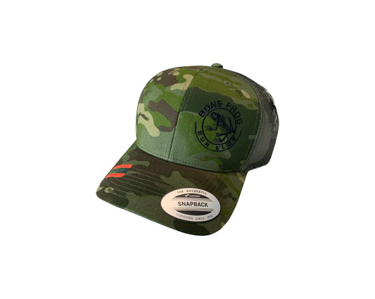 Photo of BFGC MultiCam Tropic Green Snapback Trucker Hat with Black Bone Frog Gun Club logo embroidered on left side