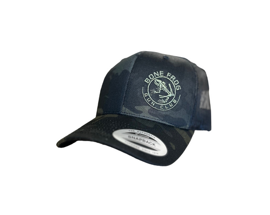 Photo of BFGC MultiCam Black Snapback Trucker Hat with Green Bone Frog Gun Club logo embroidered on left side