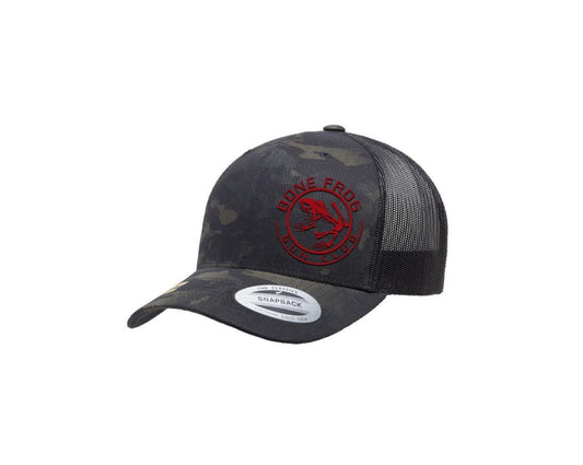 Photo of BFGC MultiCam Black Snapback Trucker Hat with Red Bone Frog Gun Club logo embroidered on left side